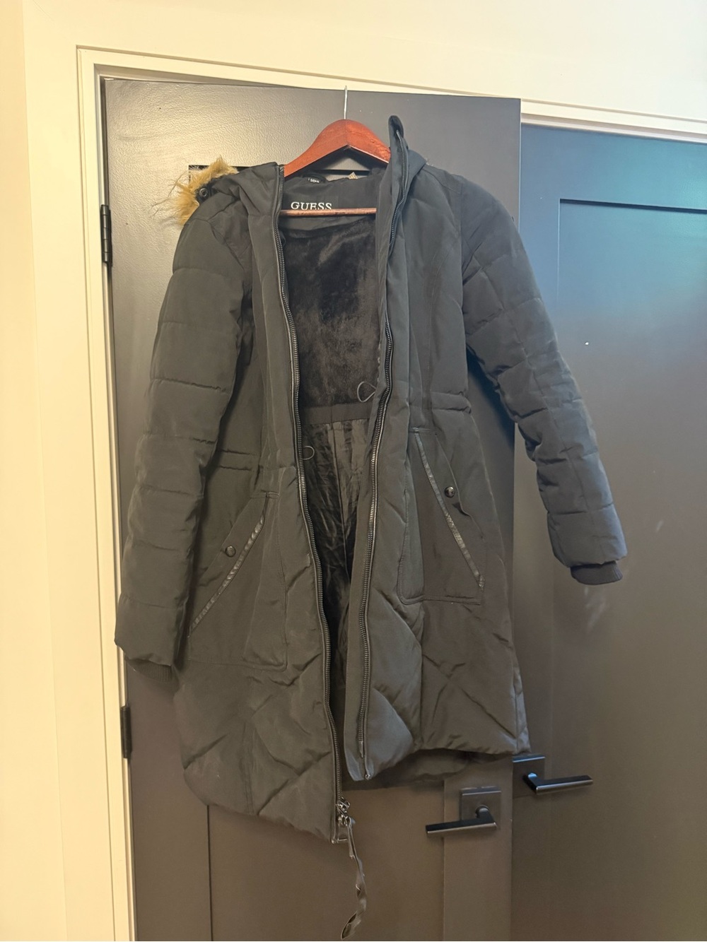 GUESS Black Long Quilted Puffer Coat with Faux Fur Trim Hood
